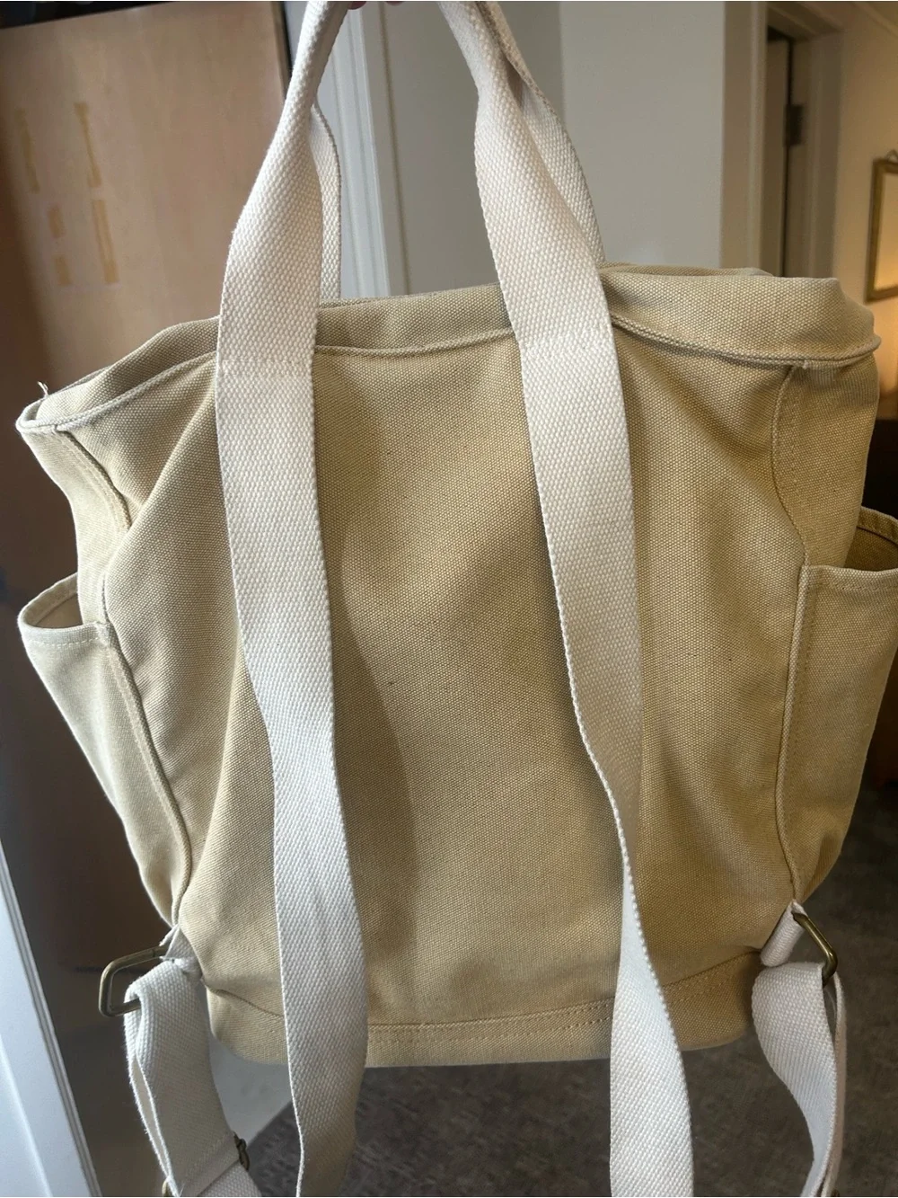 Birdling Tan Cream Laptop Backpack Tote Canvas 15” x 13” Pinstripe Interior - Picture 5 of 8
